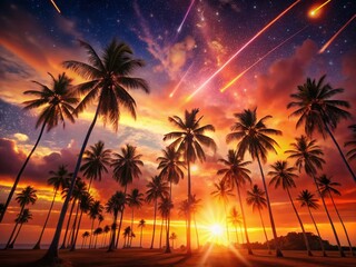 Tropical Sunset with Shooting Stars: Bokeh Effect Stock Photo
