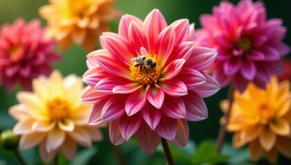 Obraz premium Colorful dahlias with buzzing bees collecting pollen, colors, pollination, dahlias