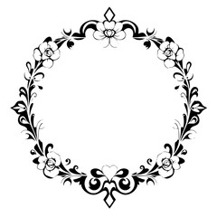 Elegant Floral Frame: Vintage Black and White Circular Border Design. Perfect for invitations, cards, and decorative projects.