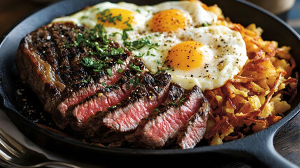 Sizzling Steak and Eggs with Hash Browns: A Delicious Breakfast