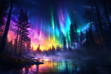 Moonlit Aurora Over a Quiet Forest: A tranquil scene where vibrant aurora lights dance across a peaceful forest under the moonlight, bathing the forest floor in soft lavender, green, and blue hues