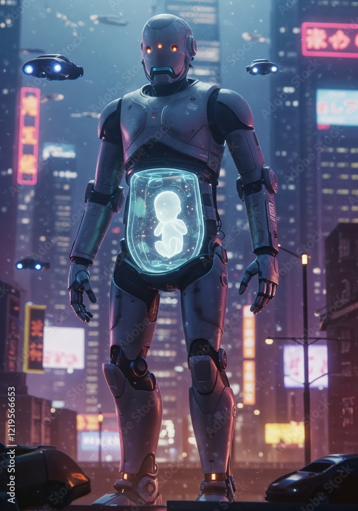 Poster futuristic robot with neon lights in urban metropolis featuring hovering drones and cyborg insight
