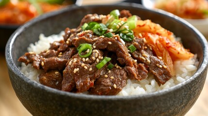 Image of rice and Korean beef bulgogi with kimchi in a stoneware bowl, emphasizing spicy and savory flavors. Ideal for Korean cuisine and hearty meals.