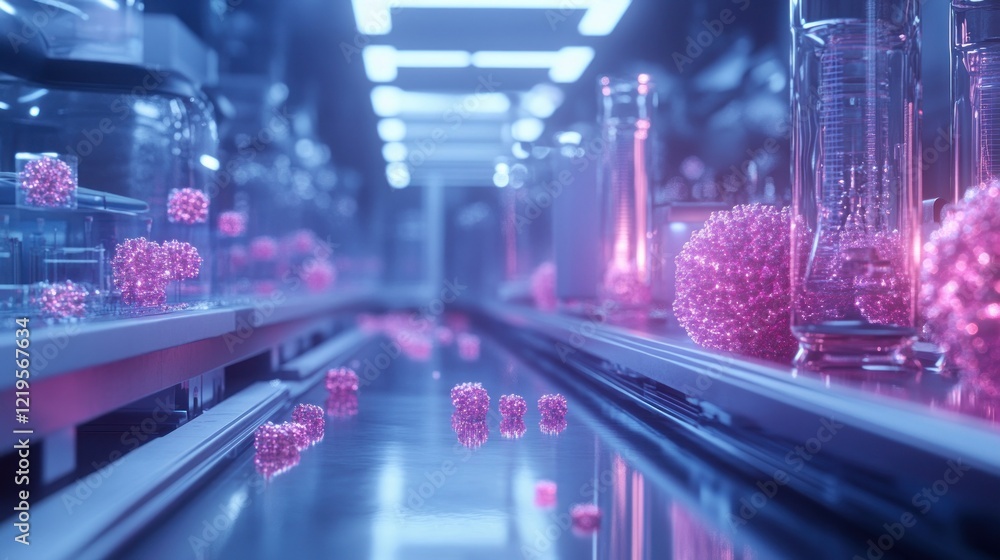 Poster 3d visualization of a nanoparticle synthesis laboratory inside a clean room emphasizing the need for