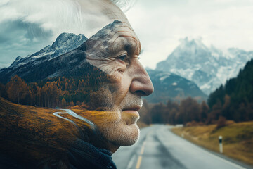 Double exposure portrait of an elderly man with mountain landscape