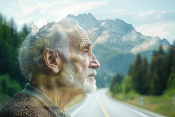 Double exposure portrait of an elderly man with mountain landscape