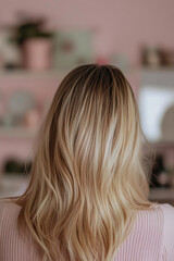 Naklejka premium Blonde woman with soft wavy hair in a casual pink sweater against a blurred background