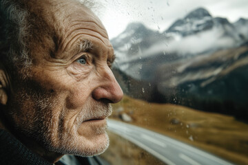 Profile of elderly man with mountain landscape through rainy window