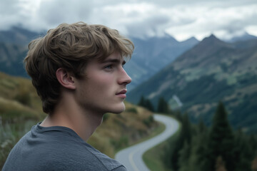 Profile of a young man with mountain landscape in the background
