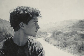 Profile of a young man looking over a mountainous landscape in grayscale painting style