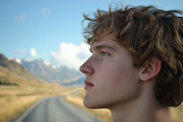 Profile of a young man with mountain landscape in the background
