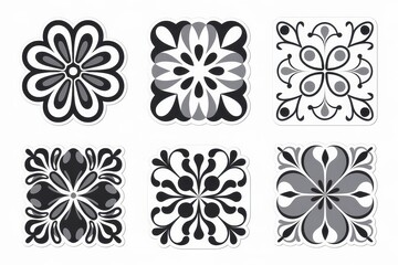 Six grayscale floral designs arranged in a grid pattern