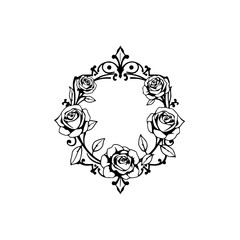 Elegant Black and White Rose Frame: Vintage Floral Design, Romantic Border, Wedding Decoration, Classic Ornament, Decorative Illustration