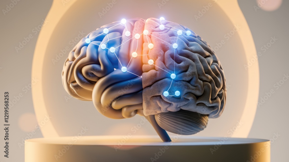Poster Human brain model with glowing neural connections, showcasing complex cognitive processes and network activity.