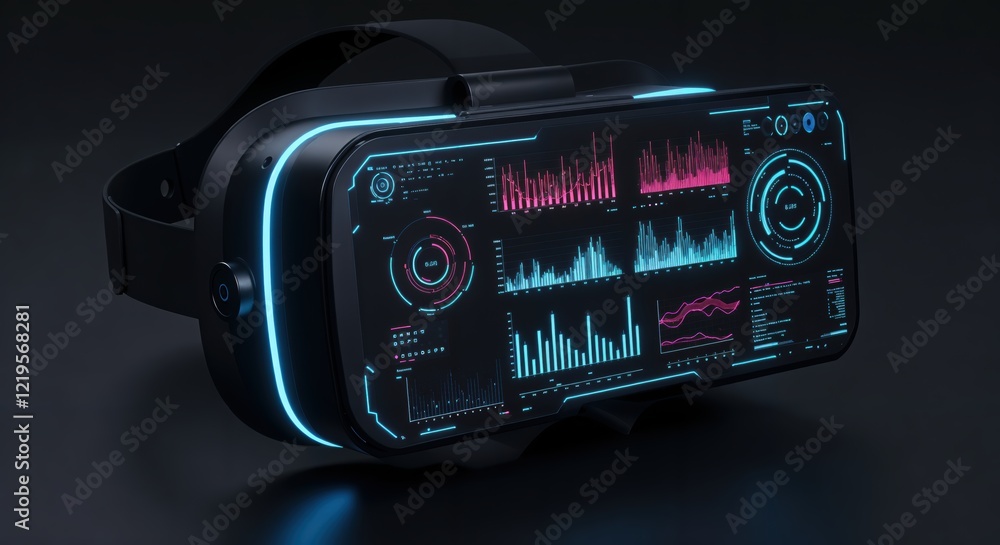 Poster futuristic virtual reality headset with data visualization interfaces