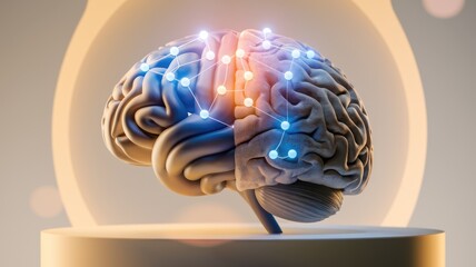 Human brain model with glowing neural connections, showcasing complex cognitive processes and network activity.