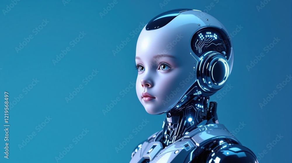 Poster futuristic humanoid robot with childlike features on a blue background