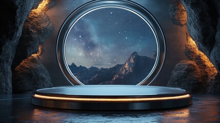 Cosmic Presentation Stage: A futuristic, circular stage glows with an ethereal, otherworldly light, set against a backdrop of swirling nebulae and cosmic dust.