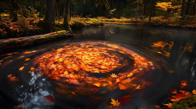 Mesmerizing Autumn Leaves Vortex in Forest Pond