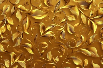 Seamless pattern of golden leaves and swirls on a gold background, vector design with copy space, perfect for wallpaper or packaging paper