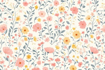 Seamless pattern with pastel pink and yellow small flowers on a white background, hand-drawn illustration, perfect for elegant and charming design applications