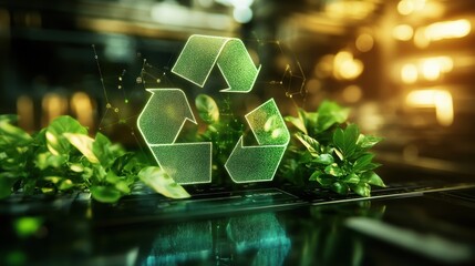 A closeup of an analytical report featuring green symbols and highlights that emphasize sustainable procurement strategies with visuals illustrating the lifecycle of ecoconscious products.