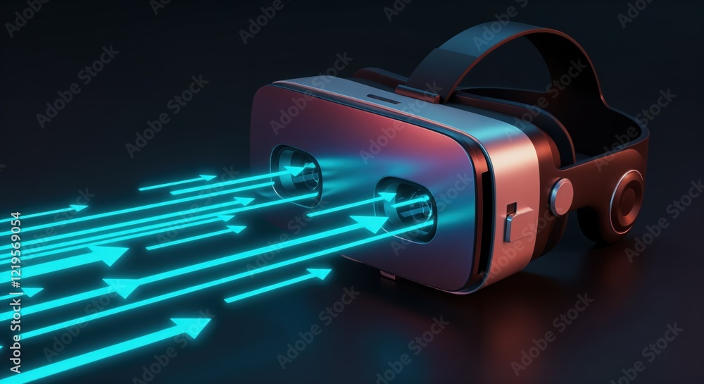 Poster futuristic virtual reality headset with neon digital arrows displaying advanced technology