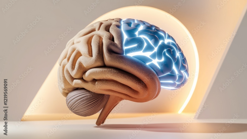 Poster 3D rendering of a human brain with glowing inner part, highlighting neural activity and cognitive functions.