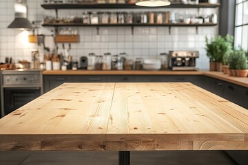 Fototapeta premium Light Wooden Tabletop Kitchen Mockup Modern Interior Design Restaurant Cafe Bar Background Empty Space Product Placement Advertising Photography home room food 