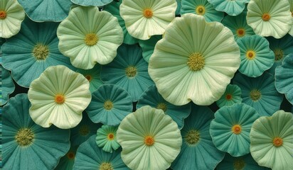 Teal and green flowers close-up background, fantasy flowers made of felt or fabric, soft texture and calm tones.