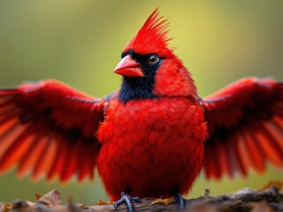 Fototapeta premium Vibrant Red Cardinal Bird with Spread Wings Perched on a Branch