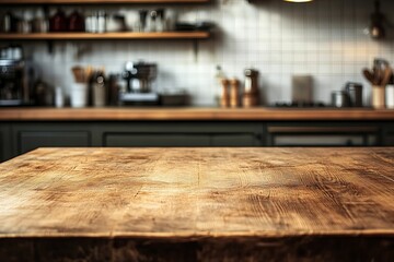 Rustic Wooden Tabletop in Modern Kitchen Background Warm Brown Wood Texture Empty Surface for Product Display Home Decor Design Element Natural Wood Grain      