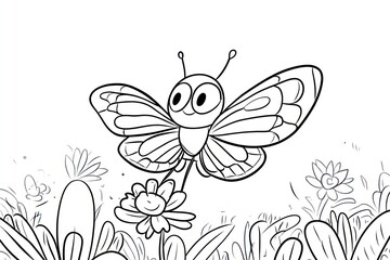 Cartoon butterfly on flower, meadow background, children's book illustration