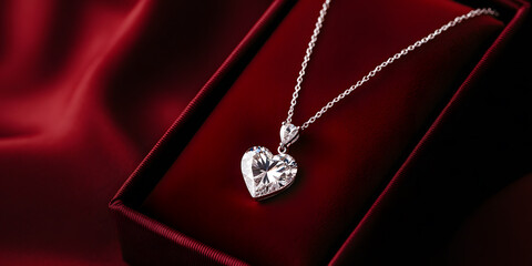 Fototapeta premium Heart-shaped diamond pendant necklace in a red gift box. Elegant jewelry perfect for a special occasion or romantic gift. Sparkling brilliance.