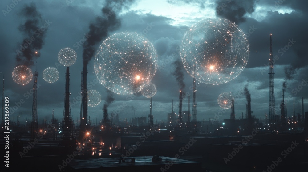 Poster futuristic spheres with intricate network patterns hovering above an industrial complex, emitting da