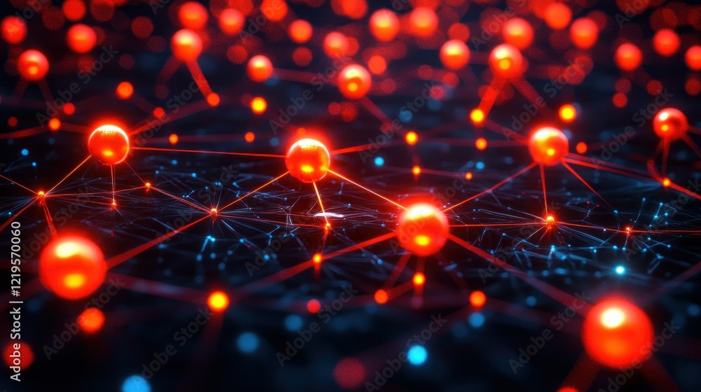 Aufkleber close-up of the network pattern featuring bright red nodes connected by dark lines creating a dynami