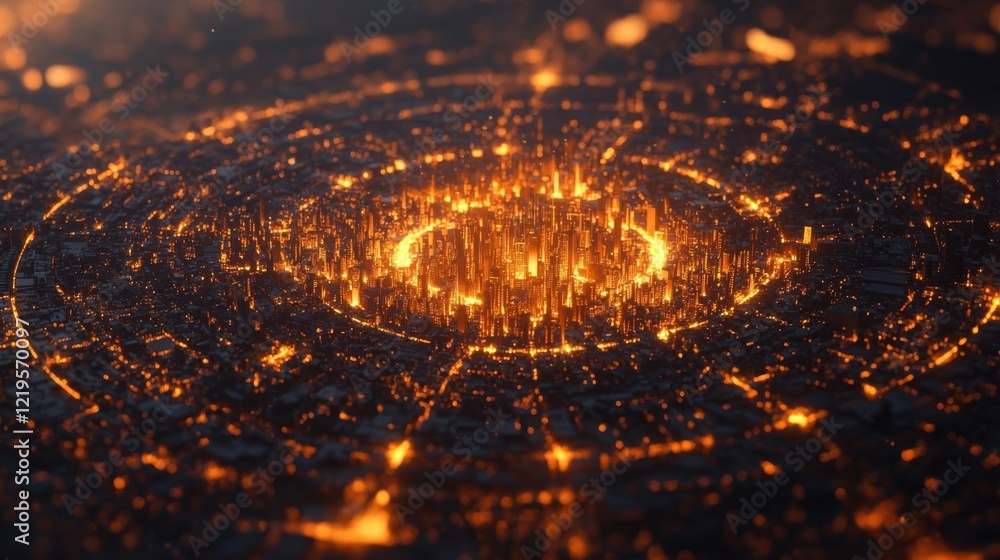Aufkleber fractal patterns emerge from a central point depicting how cities radiate influence through technolo