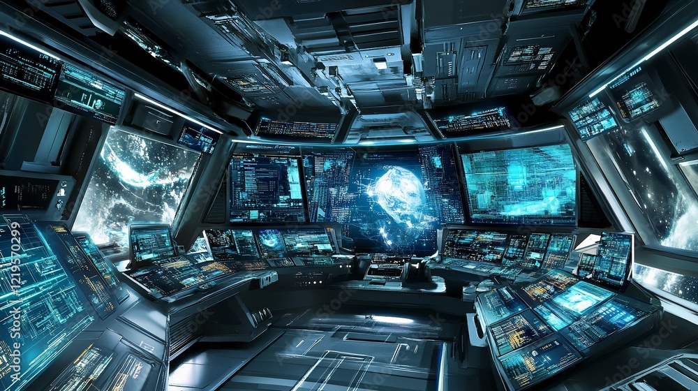 Poster futuristic spaceship bridge: a digital artwork depicting a spaceship's bridge, filled with advanced 