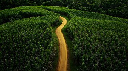 Naklejka premium Aerial View of a Winding Dirt Road Through Lush Sugarcane Fields