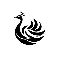 Elegant Peacock Bird Silhouette: Black and White Abstract Animal Logo Design
