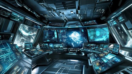 Futuristic Spaceship Bridge: A digital artwork depicting a spaceship's bridge, filled with advanced technology and screens displaying celestial bodies and data.