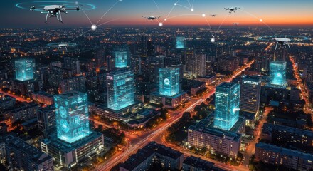 Futuristic drone network over smart city with digital holograms during sunset