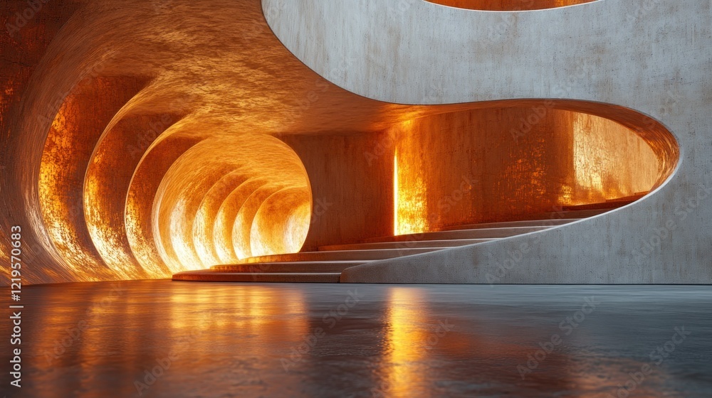 Poster curved and textured surfaces illuminated by light in a spacious architectural environment