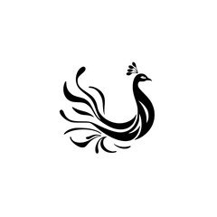 Elegant Peacock Silhouette: Black and White Bird Design. Perfect for home decor, fashion, and branding.  A regal symbol of beauty and luxury.