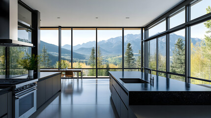 Fototapeta premium Modern Mountain Home with Panoramic View: A Stunning Kitchen Design