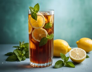 Fototapeta premium Refreshing Iced Tea: Lemon, Mint, and Ice in a Tall Glass