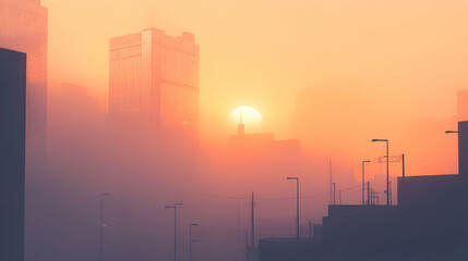 Fototapeta premium Misty City Sunrise: An Urban Dawn