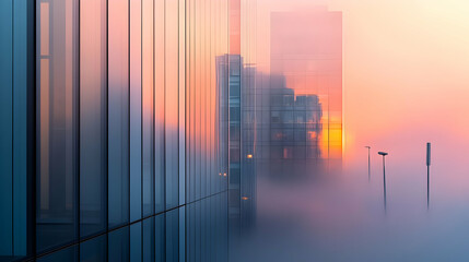 Obraz premium Misty Sunrise Cityscape: Modern Architecture in the Fog