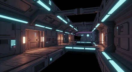 Futuristic space station corridor with neon lighting and high-tech architecture