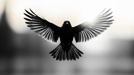 Obraz premium A black bird flying through the air with its wings spread